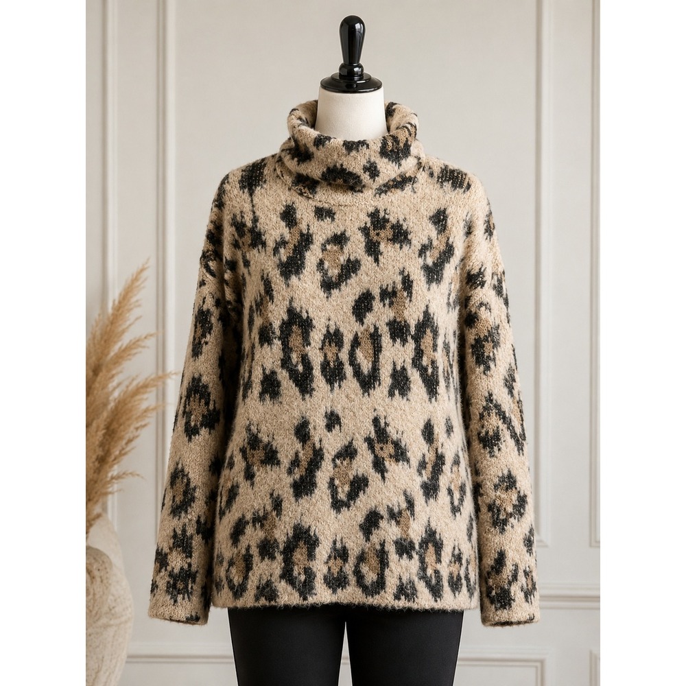 Kate Spade New York Leopard Print Turtleneck Sweater Tan Black Animal Print S